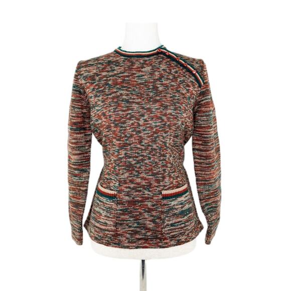 Vintage 1970s Acrylic Belted Sweater Red Orange Green White Medium Retro Knit - Picture 1 of 8